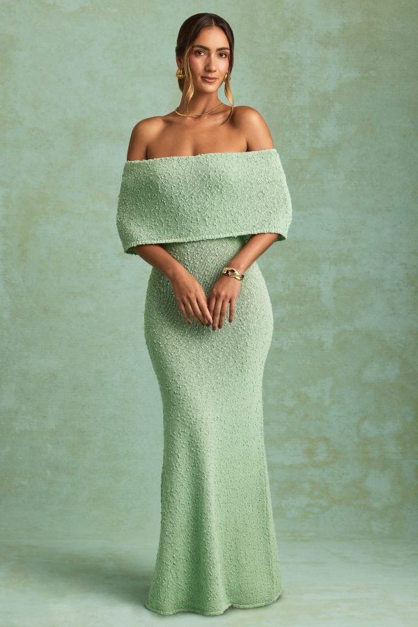 Bouclé Off-Shoulder Maxi Dress in Mint - Image 6