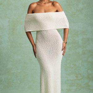 Bouclé Off-Shoulder Maxi Dress in White