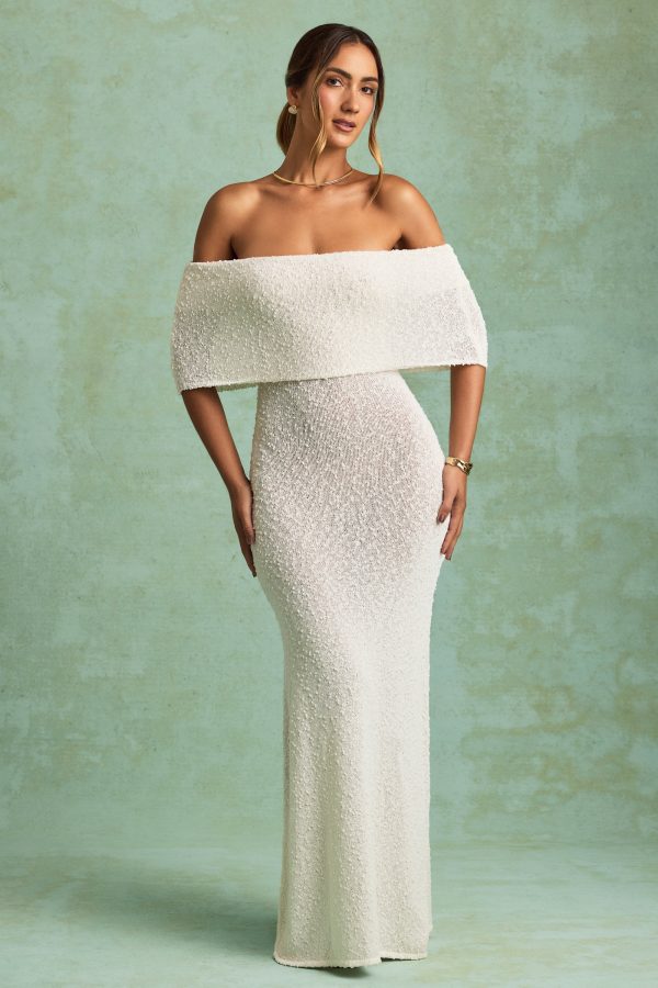 Bouclé Off-Shoulder Maxi Dress in White