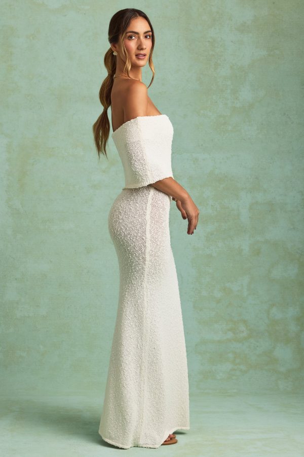 Bouclé Off-Shoulder Maxi Dress in White - Image 3