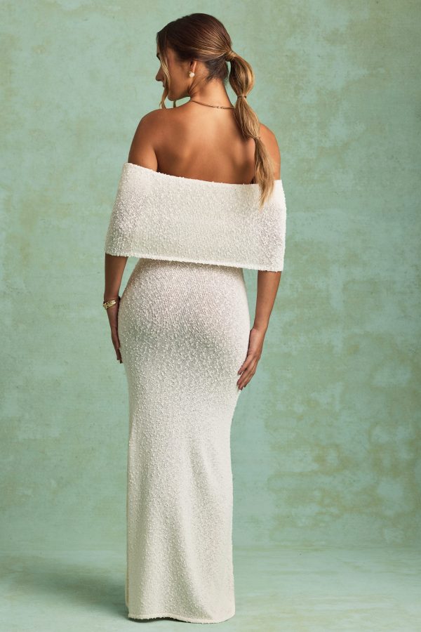 Bouclé Off-Shoulder Maxi Dress in White - Image 5