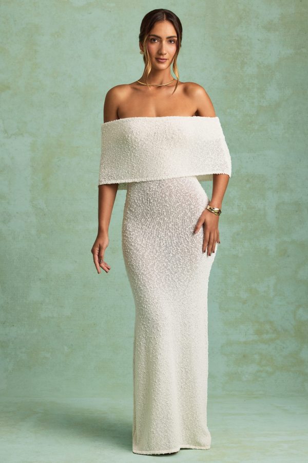 Bouclé Off-Shoulder Maxi Dress in White - Image 6