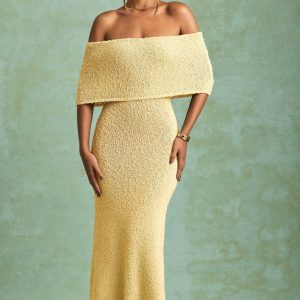 Bouclé Off-Shoulder Maxi Dress in Yellow