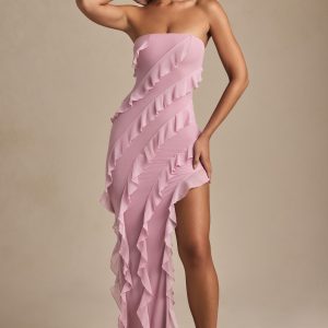 Bandeau Ruffle Detail Maxi Dress in Dusty Pink