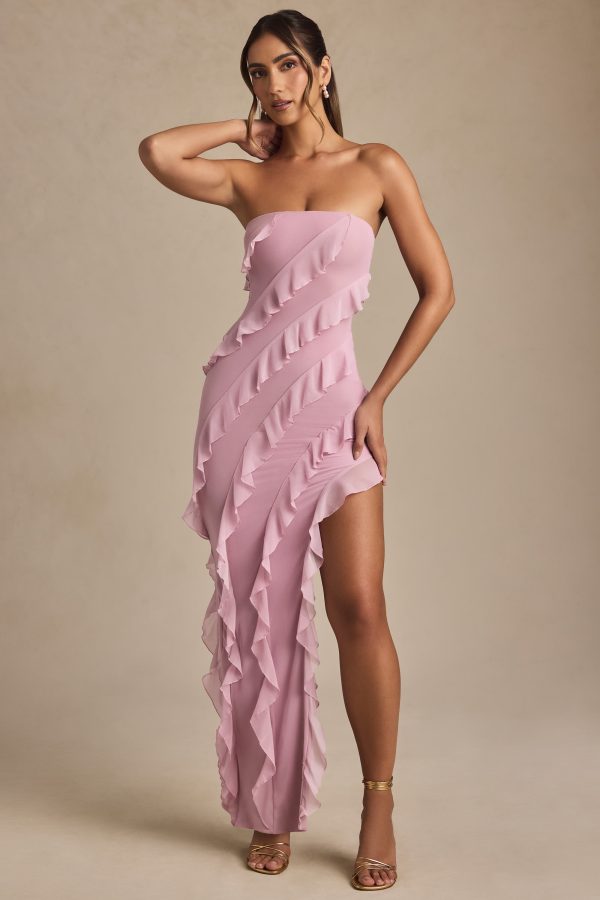 Bandeau Ruffle Detail Maxi Dress in Dusty Pink
