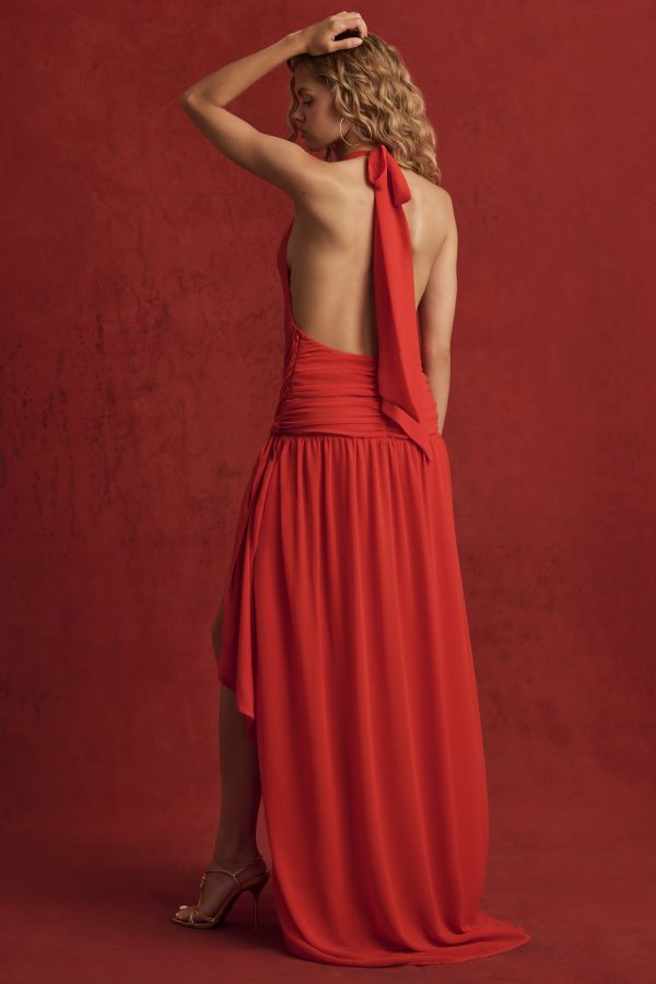 Asymmetric Halterneck Maxi Dress in Chilli Red - Image 2