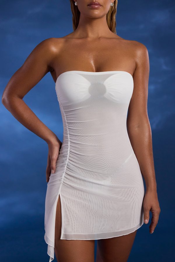 Asymmetric Ruched Bandeau Mini Dress in Ivory - Image 4