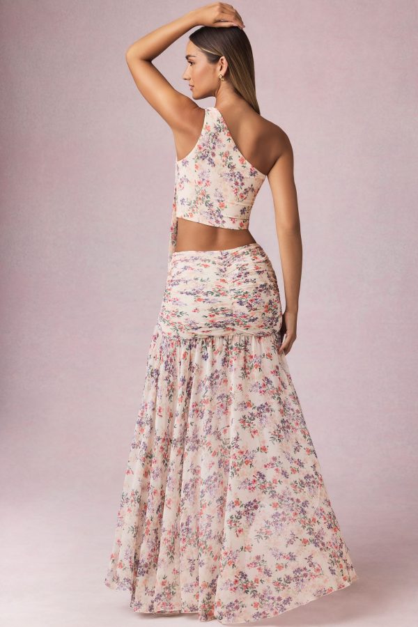 Asymmetric Ruched Maxi Skirt in Primrose Floral Print - Image 3
