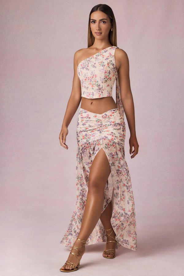 Asymmetric Ruched Maxi Skirt in Primrose Floral Print - Image 4