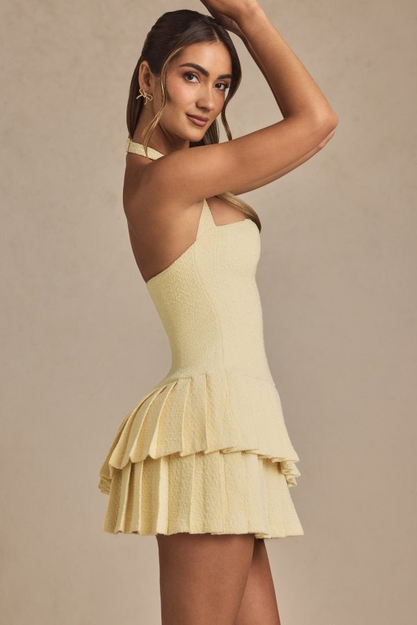 Asymmetric Layered Halterneck Mini Dress in Pastel Yellow - Image 3