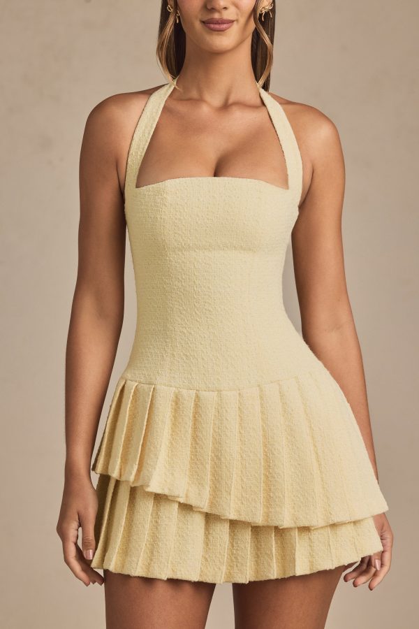 Asymmetric Layered Halterneck Mini Dress in Pastel Yellow - Image 4