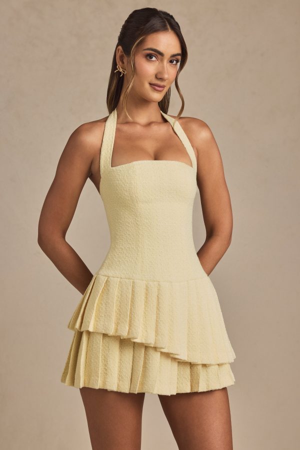 Asymmetric Layered Halterneck Mini Dress in Pastel Yellow - Image 5