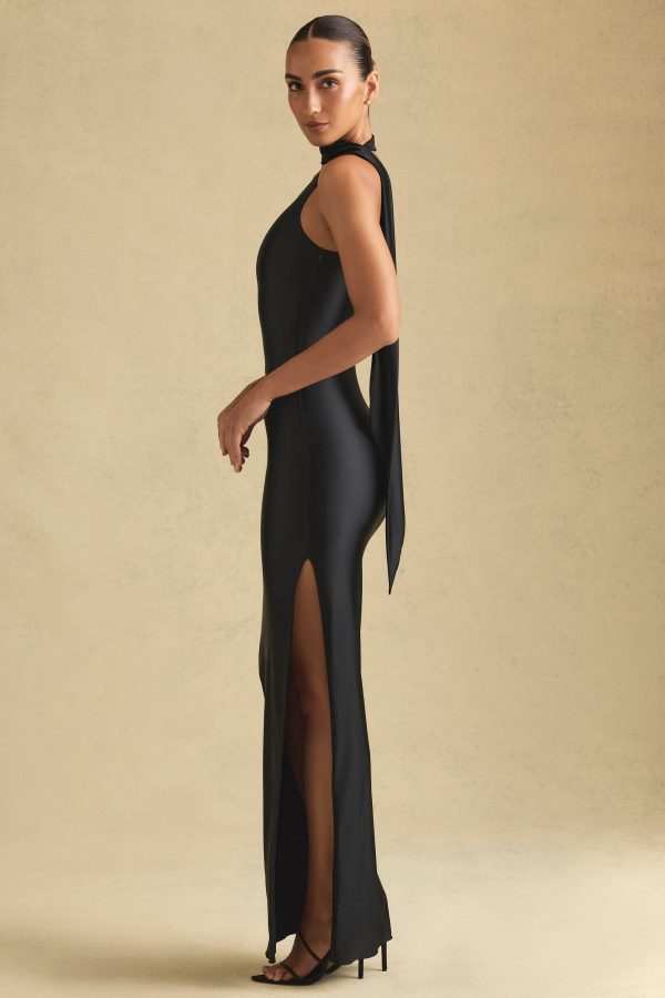 Asymmetric Scarf-Detail Maxi Dress in Black - Image 5