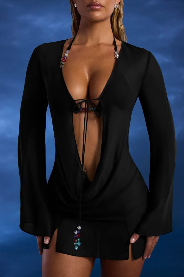 Bead-Embellished Cowl-Neck Sheer Mini Dress in Black - Image 4