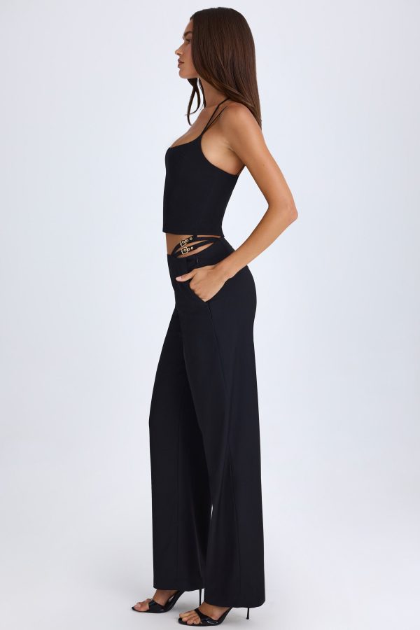 Belted Cut-Out Wide-Leg Trousers in Black - Image 4
