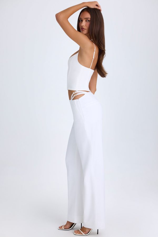 Belted Cut-Out Wide-Leg Trousers in White - Image 4