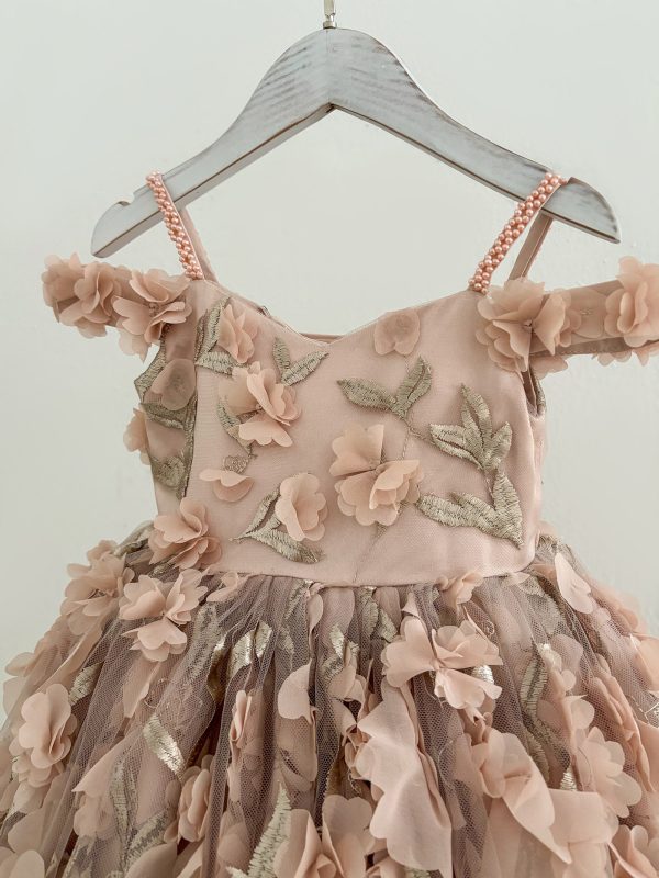 Ball Gown 3D Floral Pink Lace Tulle Floor Length Wedding Party Flower Girl Dress - Image 3
