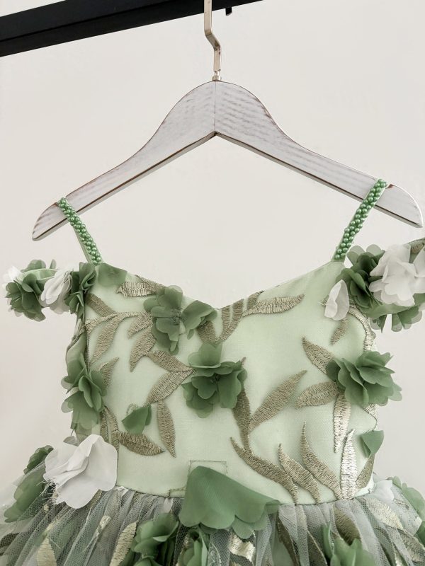 Off-Shoulder Green 3D Lace Flower Tulle Wedding Flower Girl Dress Kids Pageant Gown - Image 3