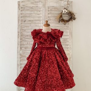 Long Sleeves Burgundy Sequin Ruffles Neck Wedding Flower Girl Dress Kids Party