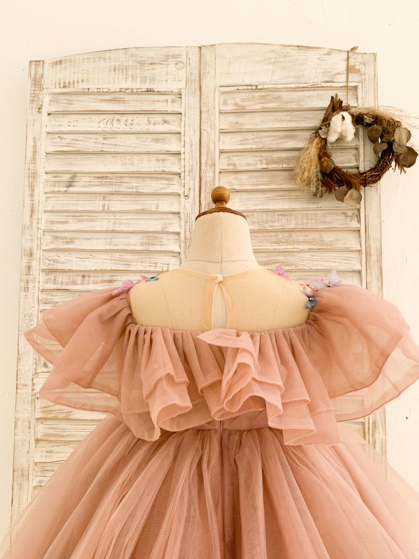 Ball Gown 3D Butterflies Mauve Tulle Ruffles Wedding Flower Girl Dress - Image 3