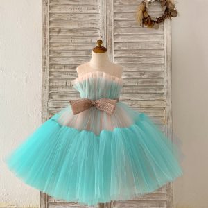 Sheer Neck Pink+Teal Tulle Ruffles Wedding Flower Girl Dress Kids Occasion Dress