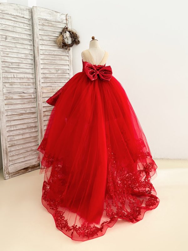 Ball Gown Red Sequin Lace Tulle Hi-Low Detachable Train Wedding Flower Girl Dress - Image 2