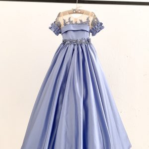 Short Sleeves Sheer Neck Light Blue Satin Wedding Flower Girl Dress, Beaded Lace