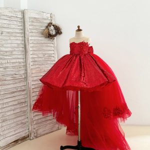 Ball Gown Red Sequin Lace Tulle Hi-Low Detachable Train Wedding Flower Girl Dress