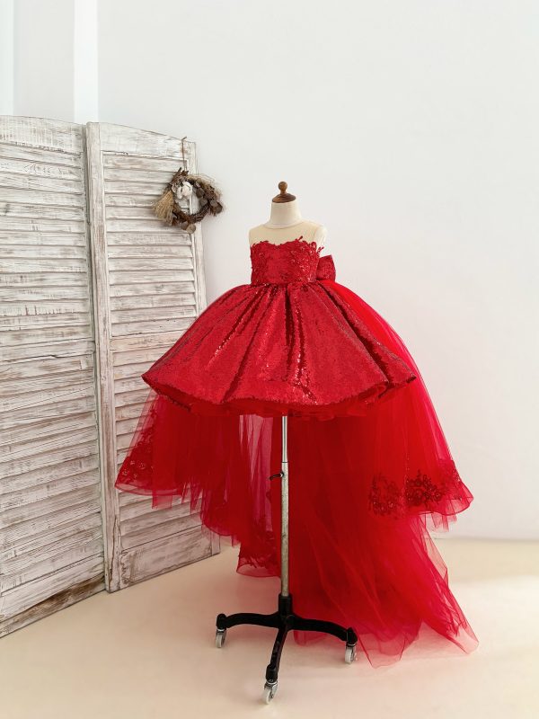 Ball Gown Red Sequin Lace Tulle Hi-Low Detachable Train Wedding Flower Girl Dress