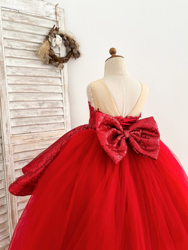 Ball Gown Red Sequin Lace Tulle Hi-Low Detachable Train Wedding Flower Girl Dress - Image 4