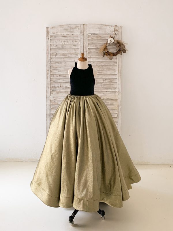 Black Velvet Gold Jacquard Keyhole Back Wedding Party Flower Girl Dress - Image 2