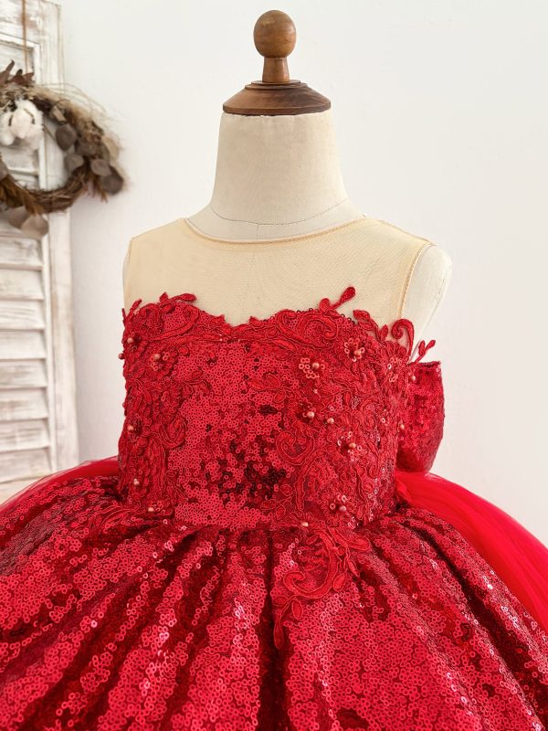Ball Gown Red Sequin Lace Tulle Hi-Low Detachable Train Wedding Flower Girl Dress - Image 3