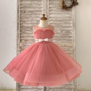 Sheer Neck Pleated Mauve Tulle V Back Horsehair Wedding Flower Girl Dress, Bowknot