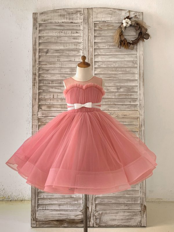 Sheer Neck Pleated Mauve Tulle V Back Horsehair Wedding Flower Girl Dress, Bowknot