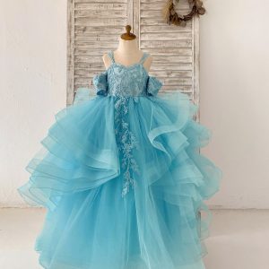 Teal Lace Tulle Off Shoulder Beaded Straps Horsehair Wedding Flower Girl Dress