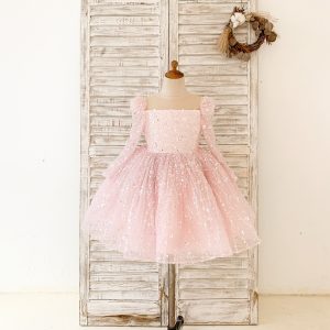 Long Sleeves Pink Crystal Beaded Wedding Flower Girl Dress Birthday Party