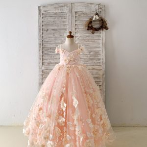 Peach 3D Lace Flower Tulle Off Shoulder Wedding Flower Girl Dress Kids Pageant Gown