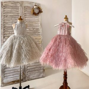 Pink / Silver Gray Jacquard Feather High Neck Wedding Party Flower Girl Dress