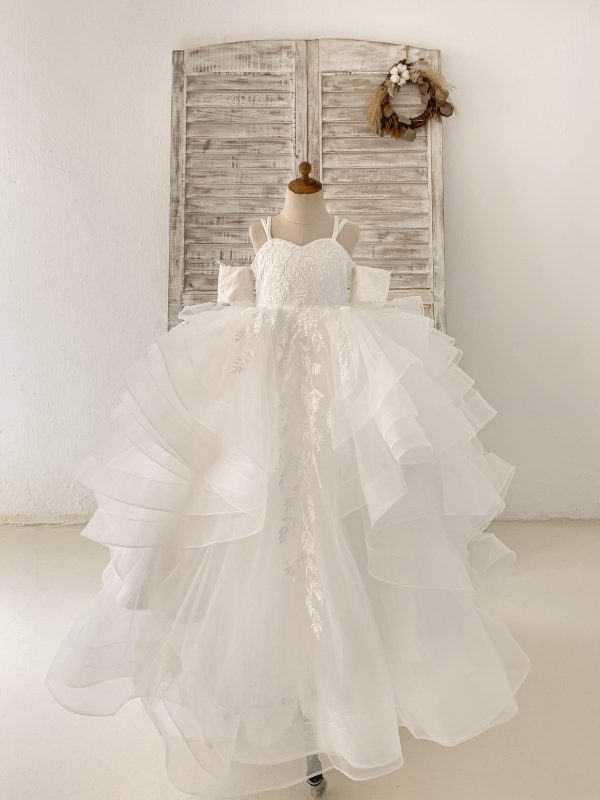 Off Shoulder Ivory Lace Tulle Straps Corset Back Horsehair Wedding Flower Girl Dress - Image 2