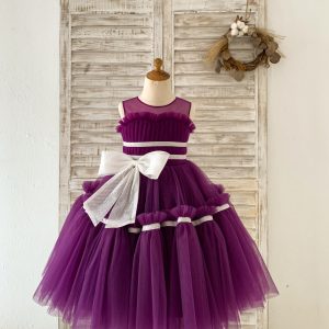 Princess Sheer Neck Pleated Purple Tulle Wedding Flower Girl Dress, Bow