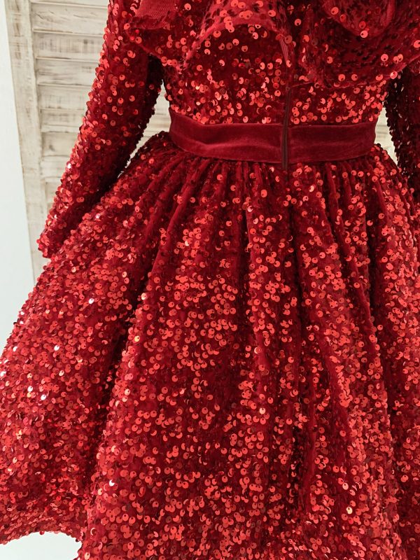 Long Sleeves Burgundy Sequin Ruffles Neck Wedding Flower Girl Dress Kids Party - Image 2