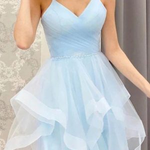 V Neck A-line Beaded Strap Horsehair Tulle Short Mini Homecoming Dress