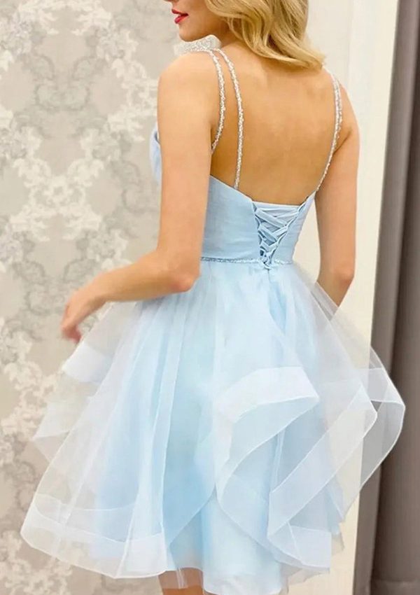 V Neck A-line Beaded Strap Horsehair Tulle Short Mini Homecoming Dress - Image 2