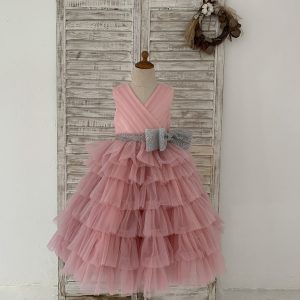 Cupcake Mauve Tulle V Neck Wedding Flower Girl Dress, Glittering Belt Bow