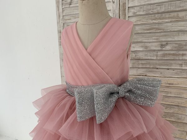 Cupcake Mauve Tulle V Neck Wedding Flower Girl Dress, Glittering Belt Bow - Image 3