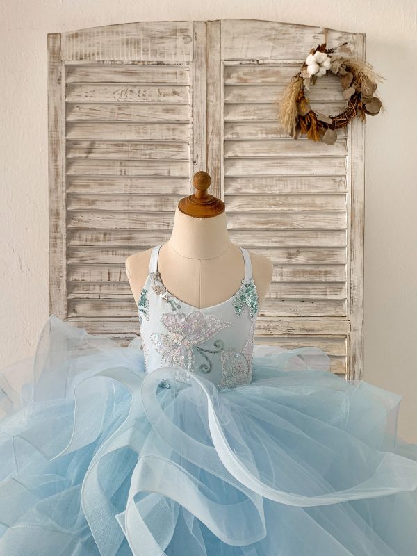 Beaded Butterfly Light Blue Straps Ruffle Tulle Horsehair Wedding Flower Girl Dress - Image 3