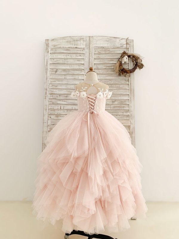 Illusion Off-Shoulder Pink Tulle Ruffle Ball Gown Wedding Party Flower Girl Dress - Image 2