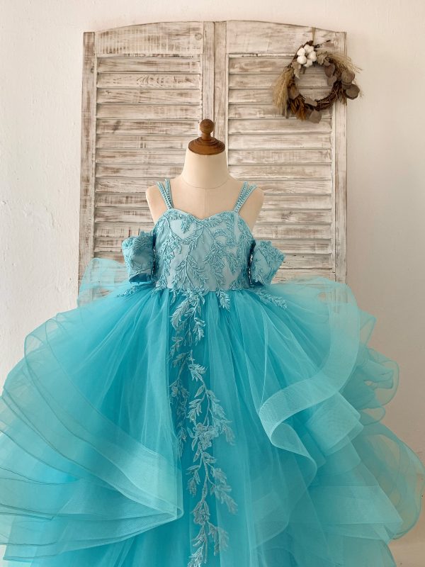 Teal Lace Tulle Off Shoulder Beaded Straps Horsehair Wedding Flower Girl Dress - Image 2