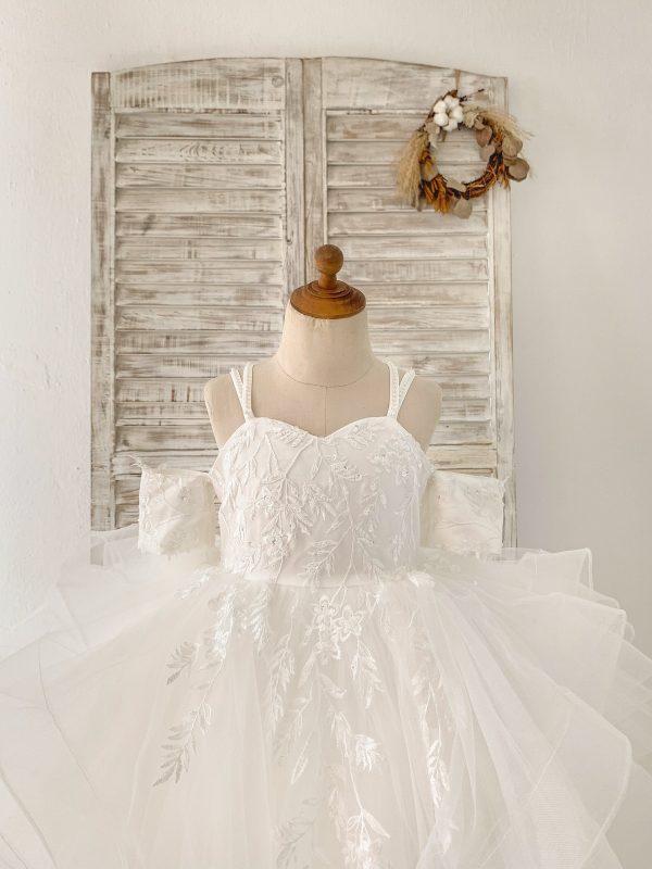 Off Shoulder Ivory Lace Tulle Straps Corset Back Horsehair Wedding Flower Girl Dress - Image 3