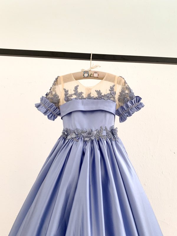 Short Sleeves Sheer Neck Light Blue Satin Wedding Flower Girl Dress, Beaded Lace - Image 3